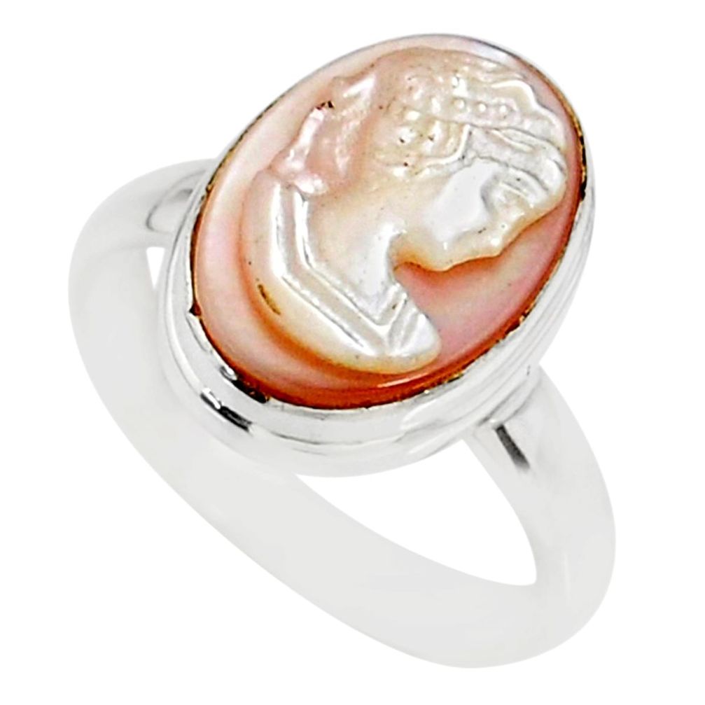 925 silver 4.88cts natural pink cameo on shell lady face ring size 8 r80500