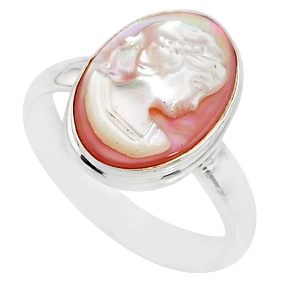 925 silver 4.60cts natural pink cameo on shell oval lady face ring size 6 r80491