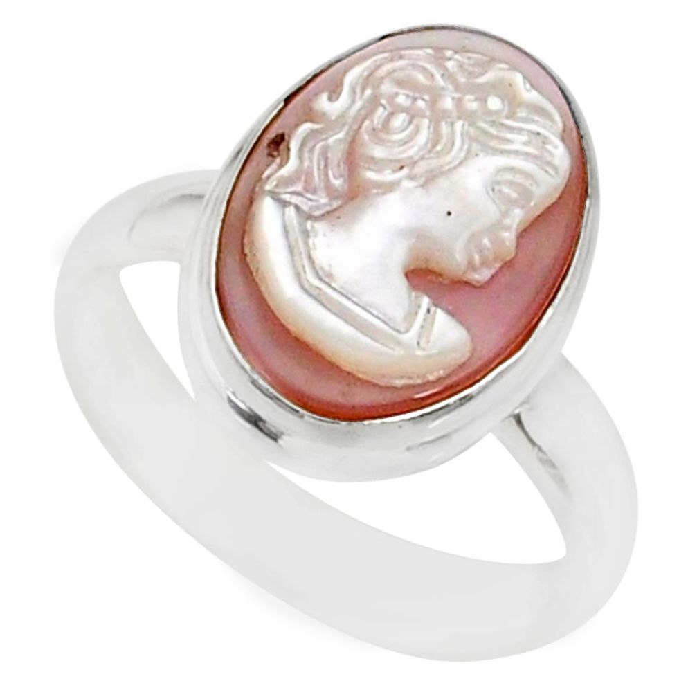 925 silver 4.84cts natural pink cameo on shell oval lady face ring size 8 r80449