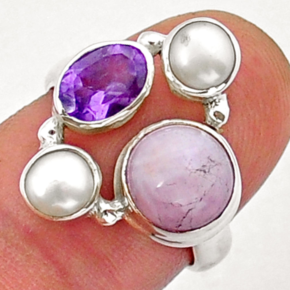 925 silver 6.85cts natural pink kunzite amethyst pearl ring size 5.5 y15259