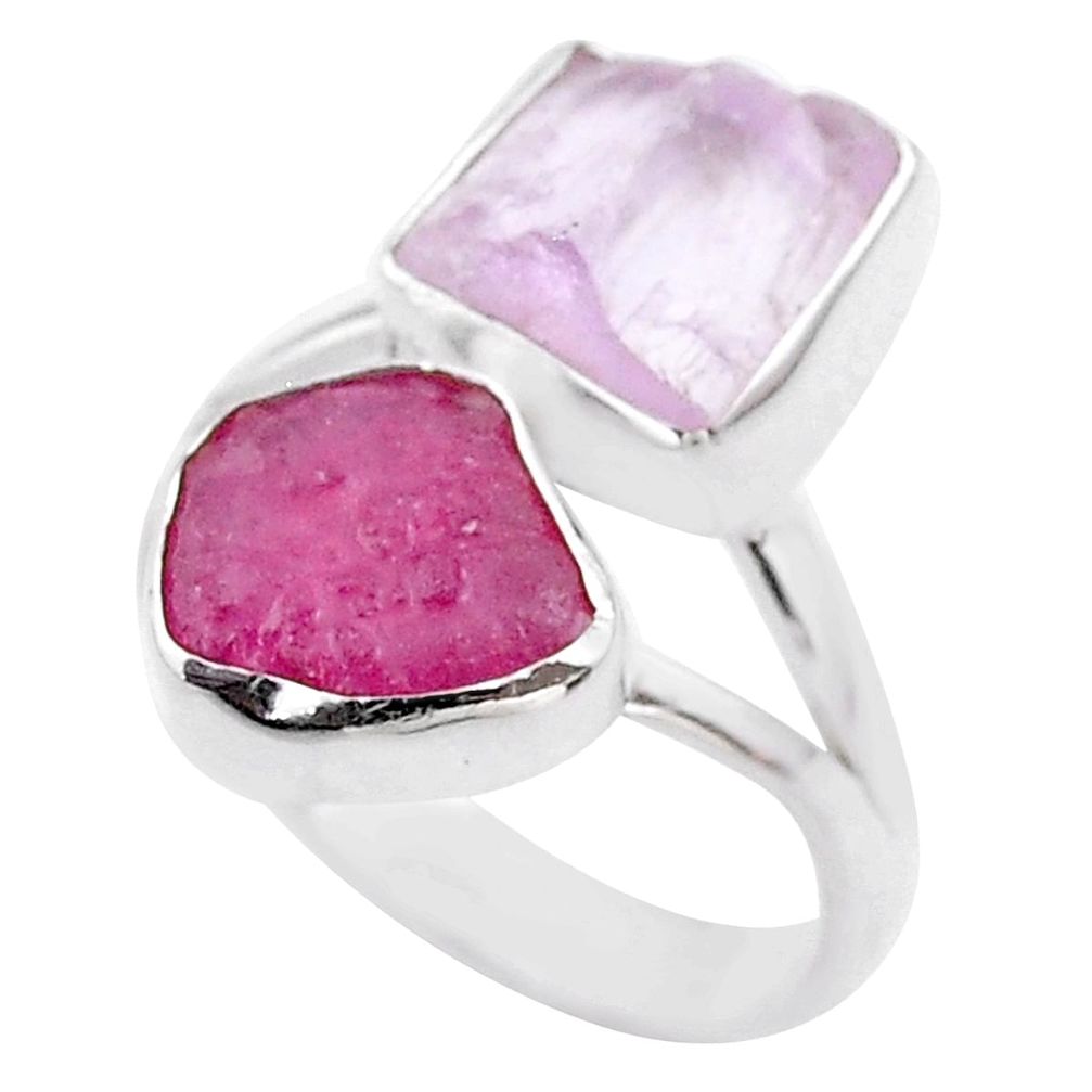 925 silver 10.78cts natural pink kunzite red ruby raw ring size 8 t48057