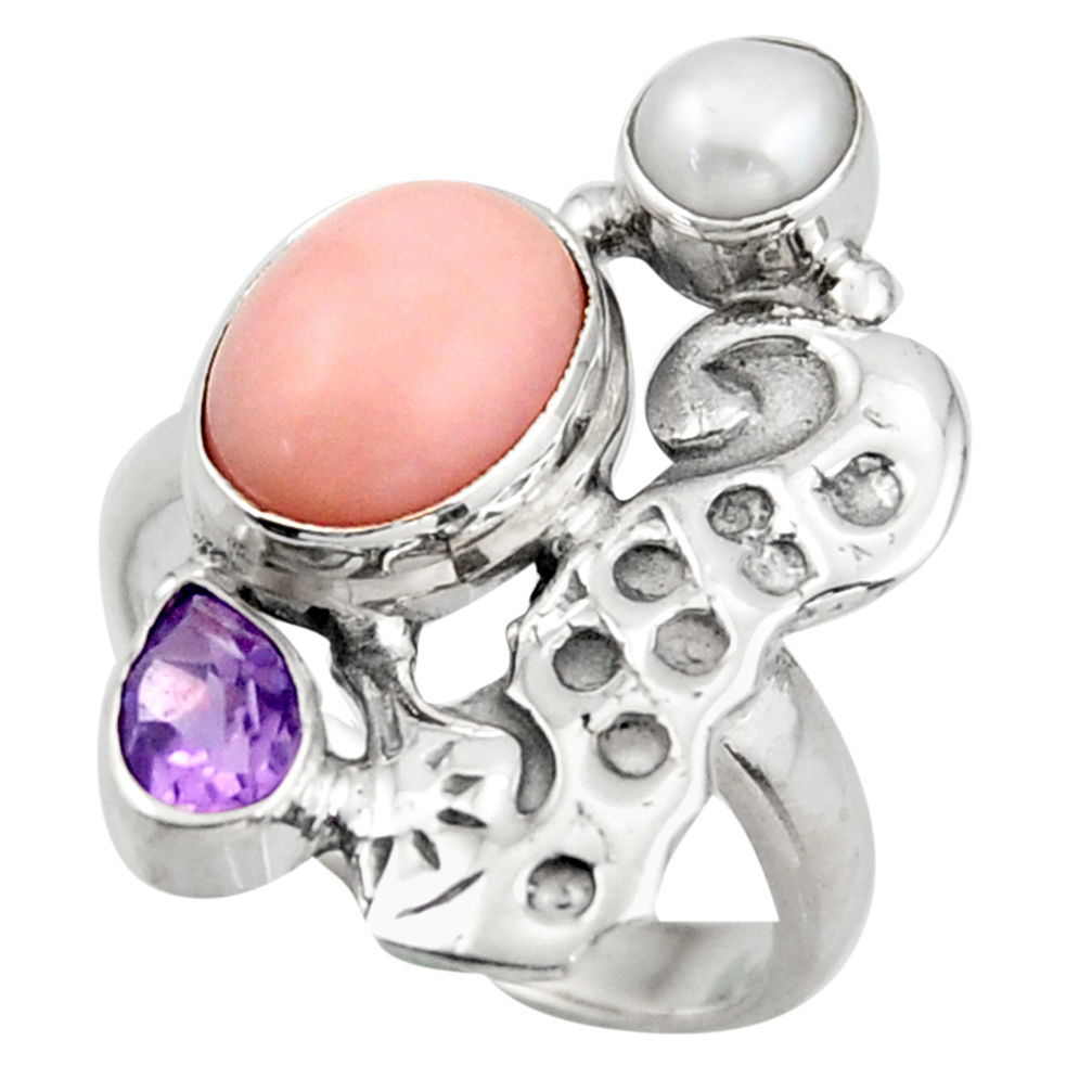 925 silver 6.48cts natural pink opal amethyst seahorse ring size 7.5 d46073