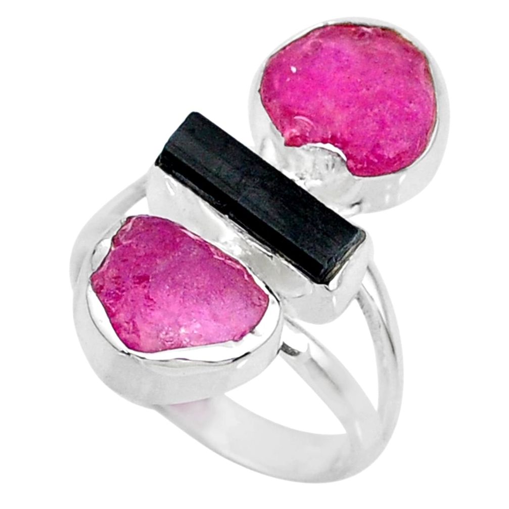 925 silver 11.07cts natural pink ruby black tourmaline raw ring size 6 r73820