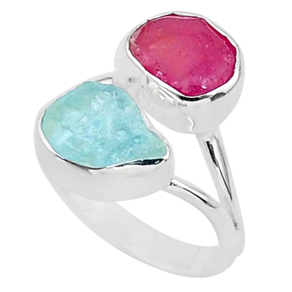 925 silver 8.91cts natural pink ruby raw aquamarine rough ring size 7 t35206
