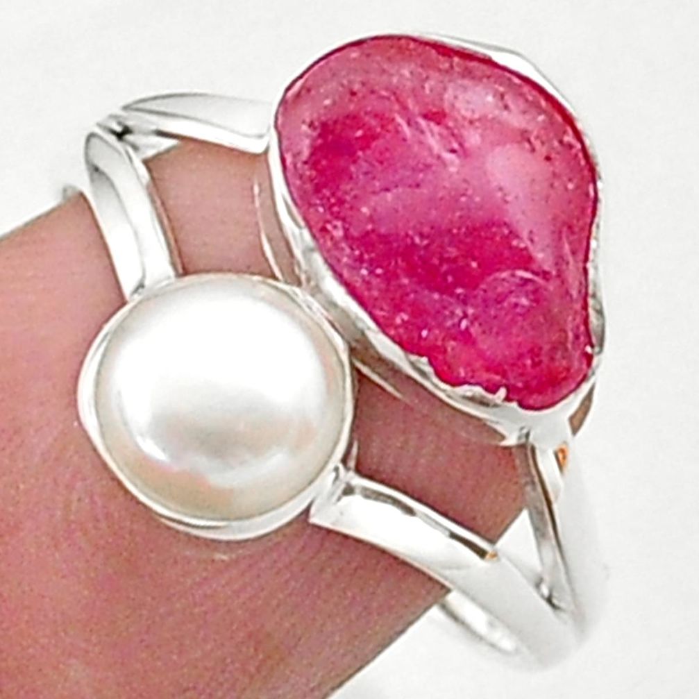925 silver 9.59cts natural pink ruby raw fancy white pearl ring size 9 t38137