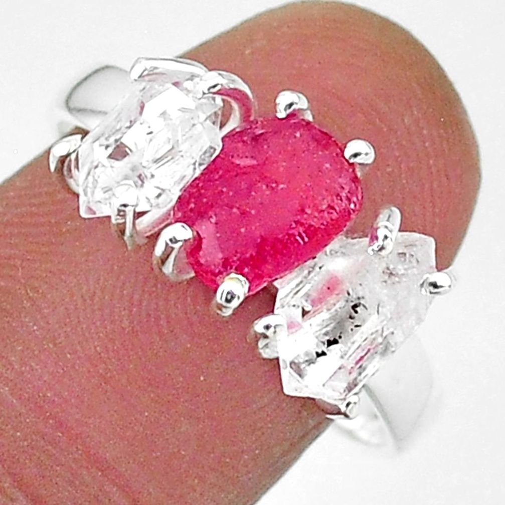 925 silver 8.56cts natural pink ruby raw herkimer diamond ring size 9 t14118