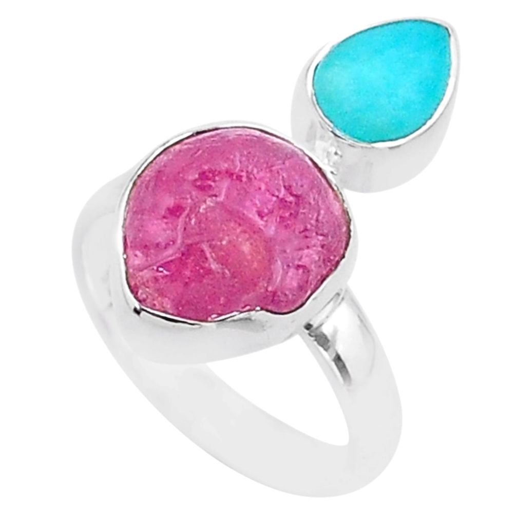 925 silver 8.94cts natural pink ruby raw peruvian amazonite ring size 7 t48984