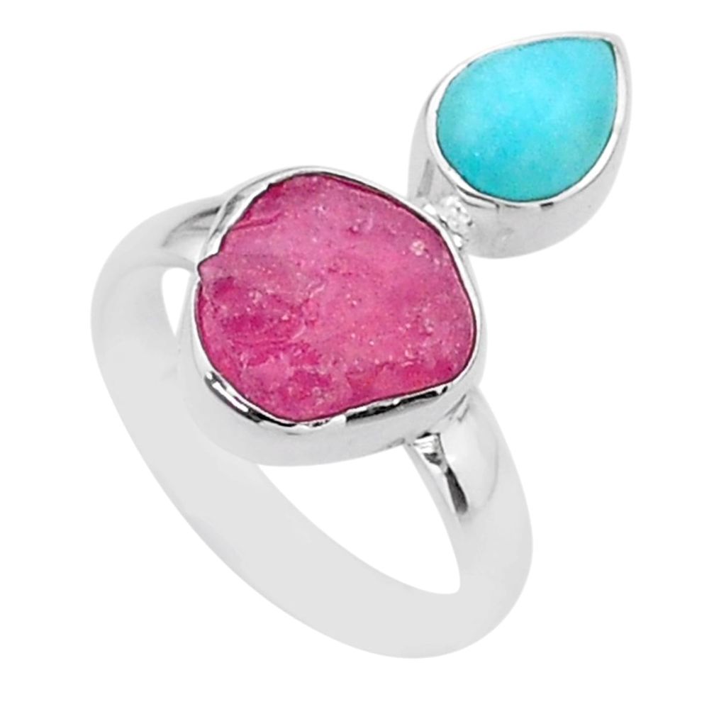 925 silver 8.65cts natural pink ruby raw peruvian amazonite ring size 7 t48996