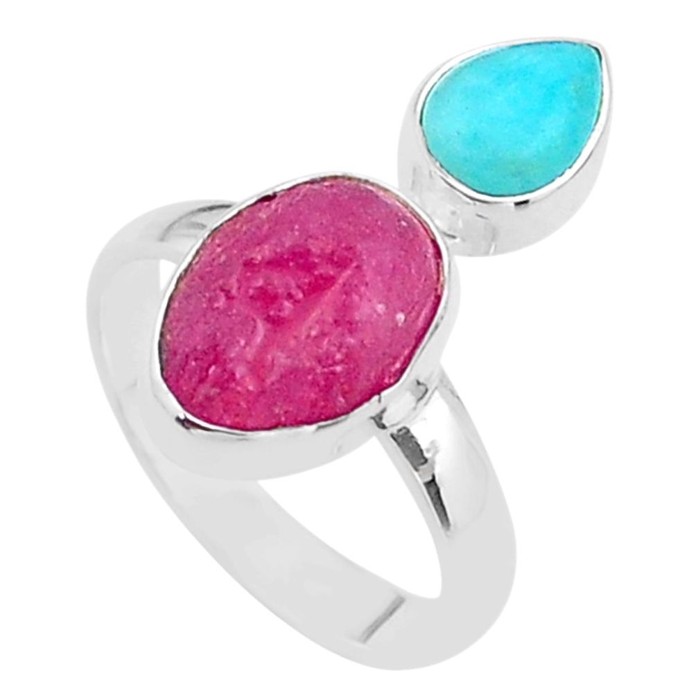 925 silver 8.94cts natural pink ruby raw peruvian amazonite ring size 8 t48997