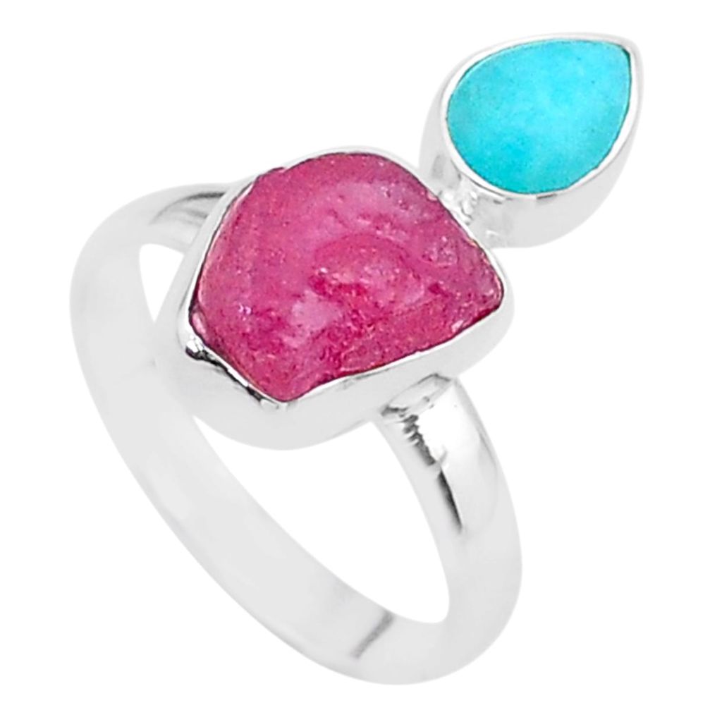 925 silver 9.67cts natural pink ruby raw peruvian amazonite ring size 9 t48991