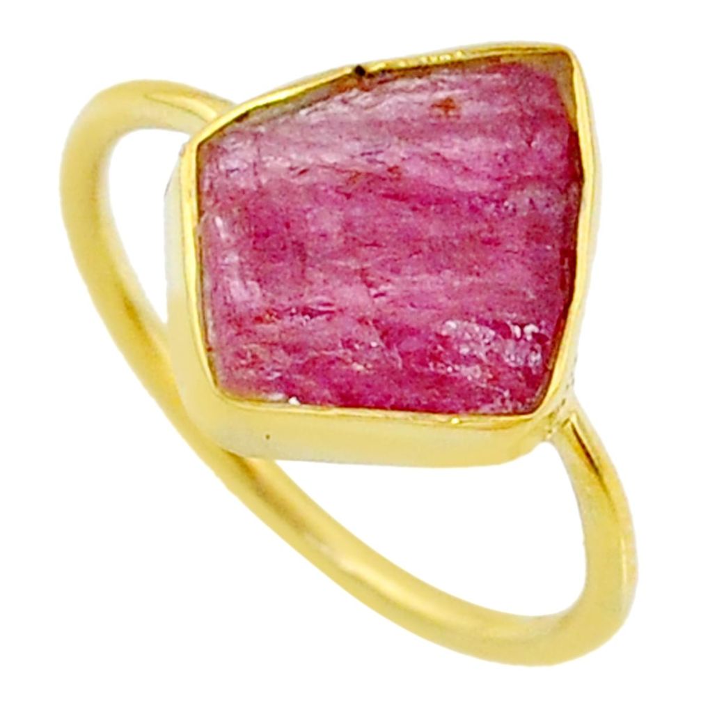 925 silver 6.65cts natural pink tourmaline raw 14k gold ring size 8 r70987