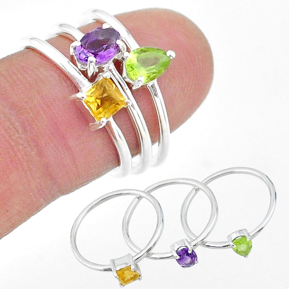 925 silver 2.72cts natural purple amethyst citrine peridot 3 rings size 7 t17727