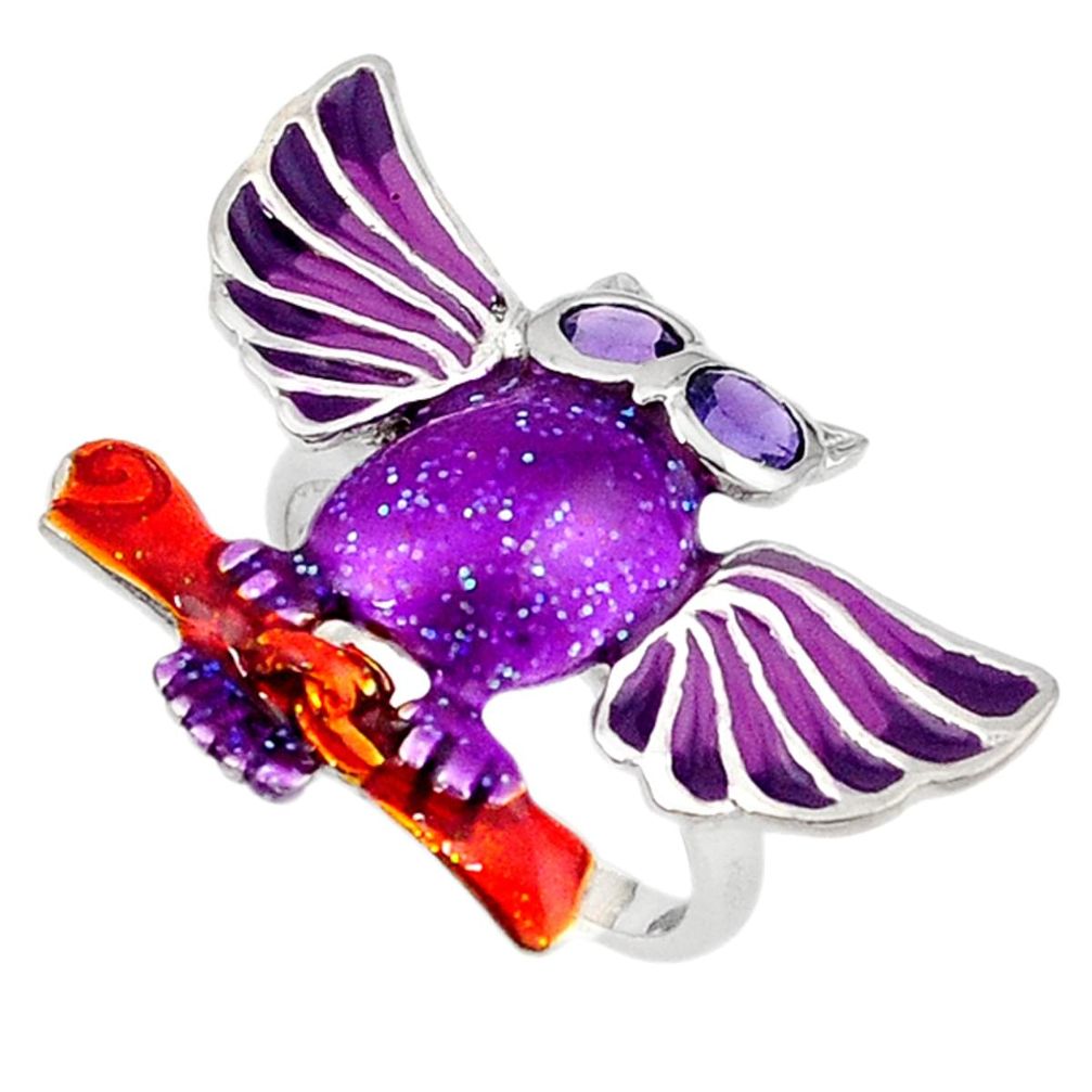 925 silver natural purple amethyst enamel owl ring jewelry size 7 c16819