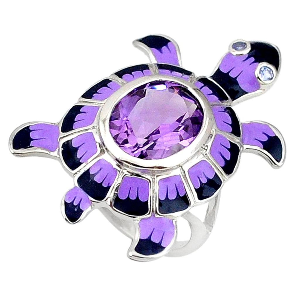 925 sterling silver natural purple amethyst enamel tortoise ring size 7.5 c16865