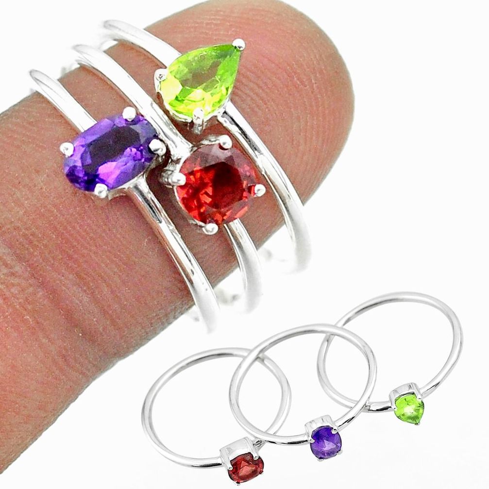 925 silver 2.98cts natural purple amethyst peridot garnet 3 rings size 8 t51019