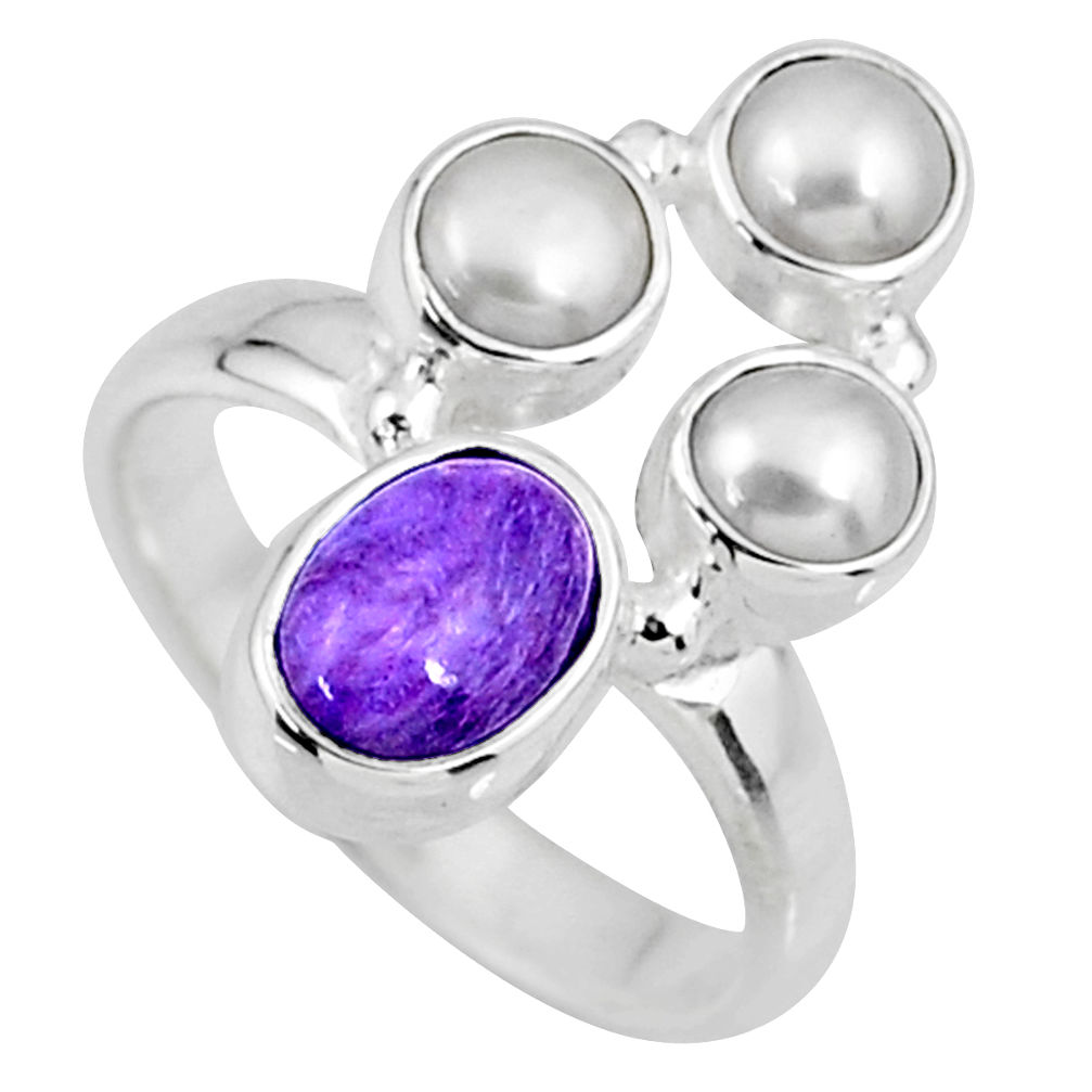 925 silver 4.70cts natural purple charoite (siberian) pearl ring size 7 r57584