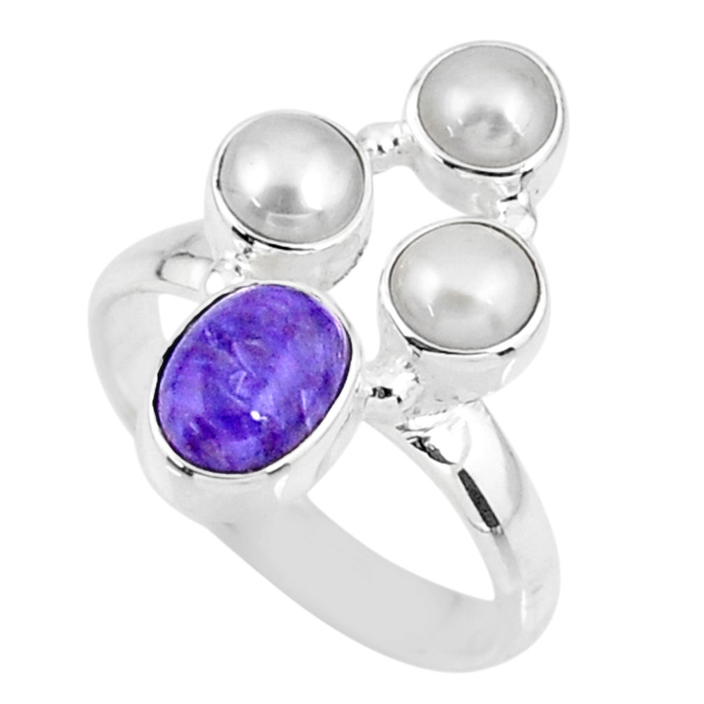 925 silver 4.92cts natural purple charoite (siberian) pearl ring size 8 r57554