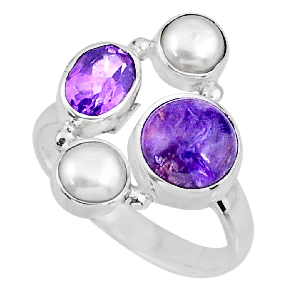 925 silver 6.48cts natural purple charoite (siberian) pearl ring size 8 r57572