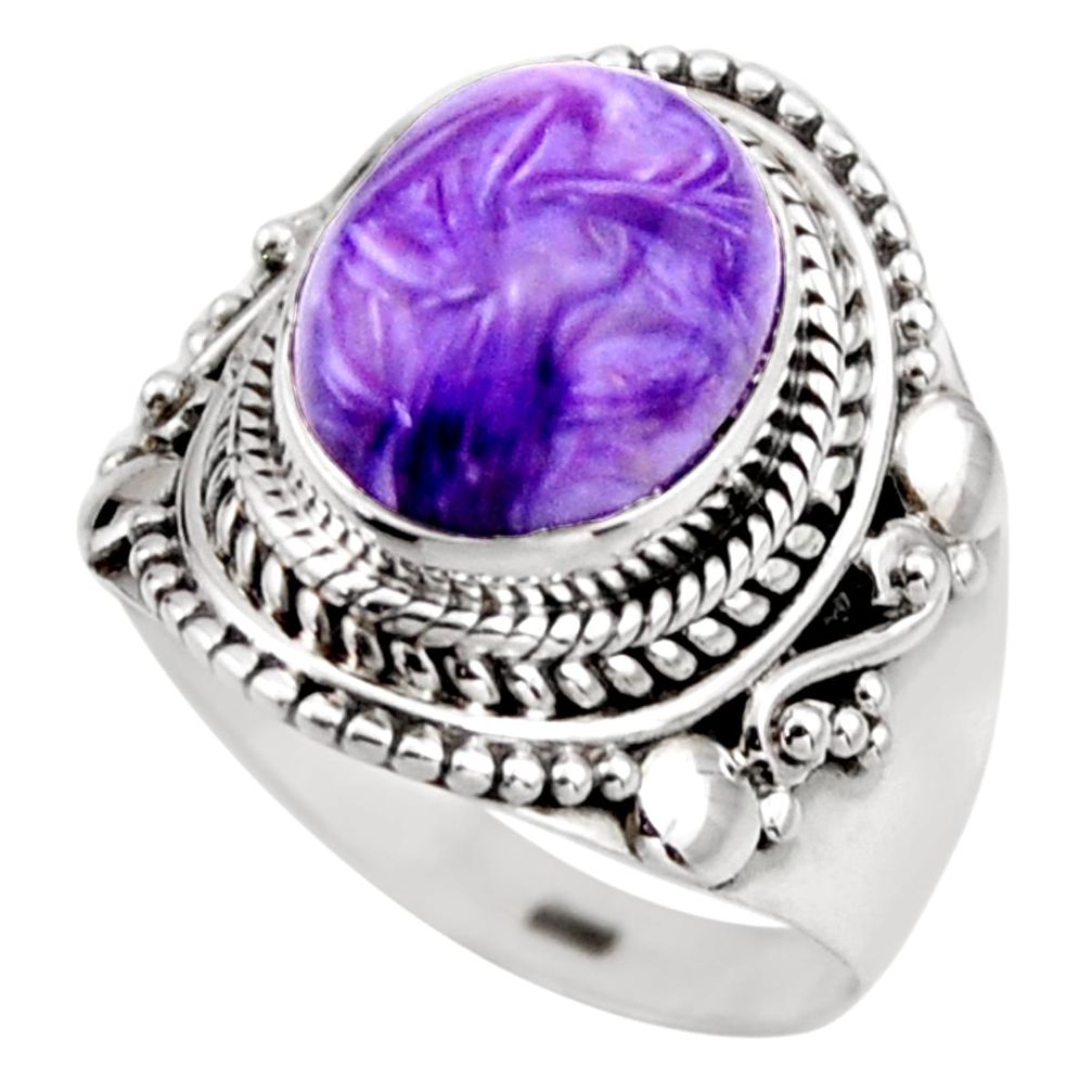 925 silver 5.27cts natural purple charoite oval solitaire ring size 6.5 r53369