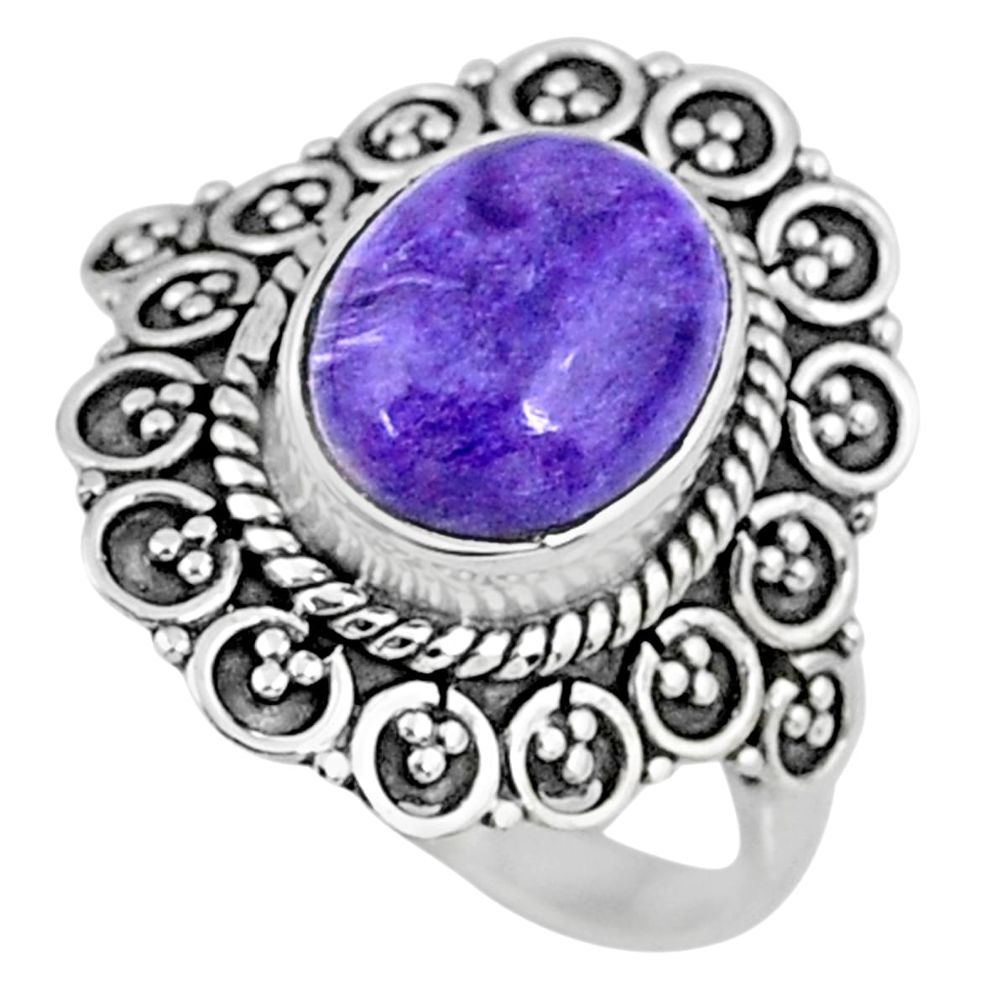 925 silver 4.85cts natural purple charoite oval solitaire ring size 8.5 r57516