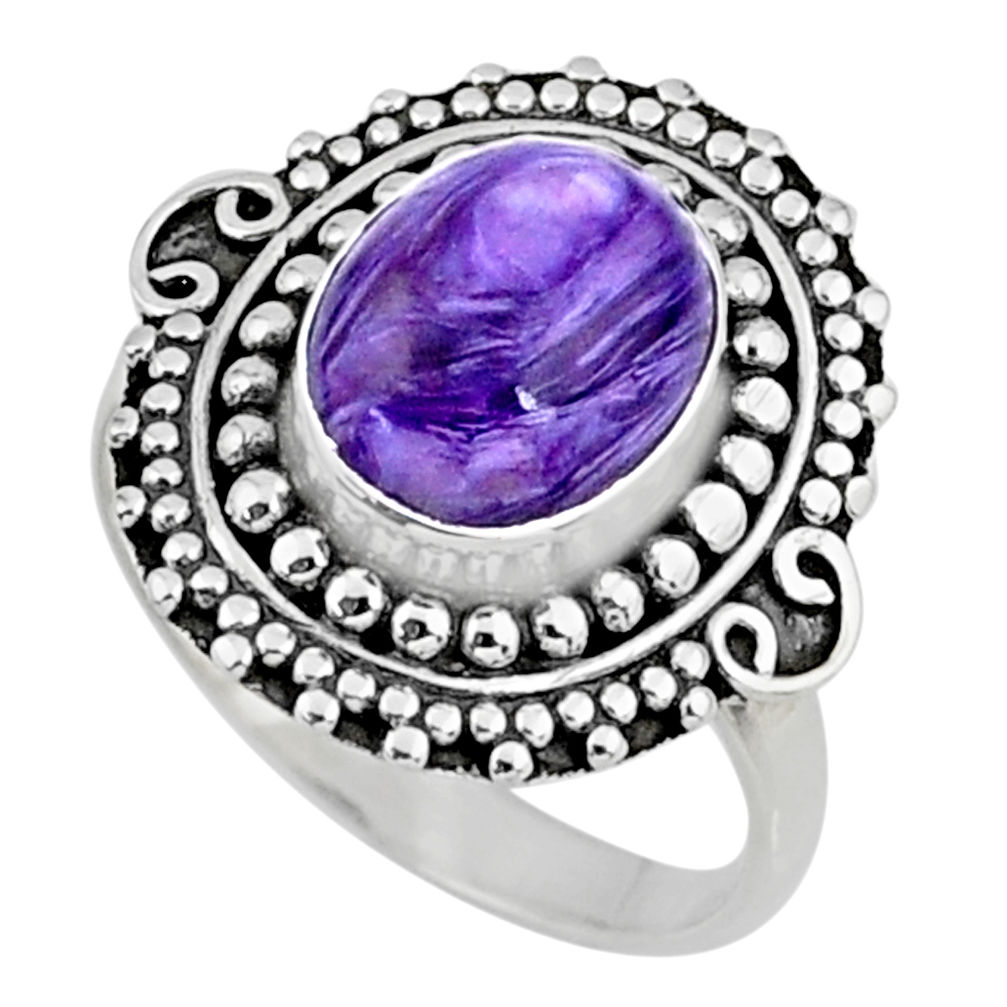 925 silver 5.07cts natural purple charoite oval solitaire ring size 7.5 r57534