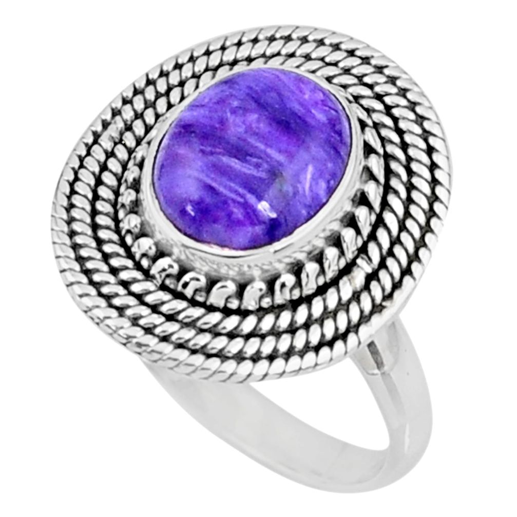 925 silver 4.19cts natural purple charoite oval solitaire ring size 8.5 r57537