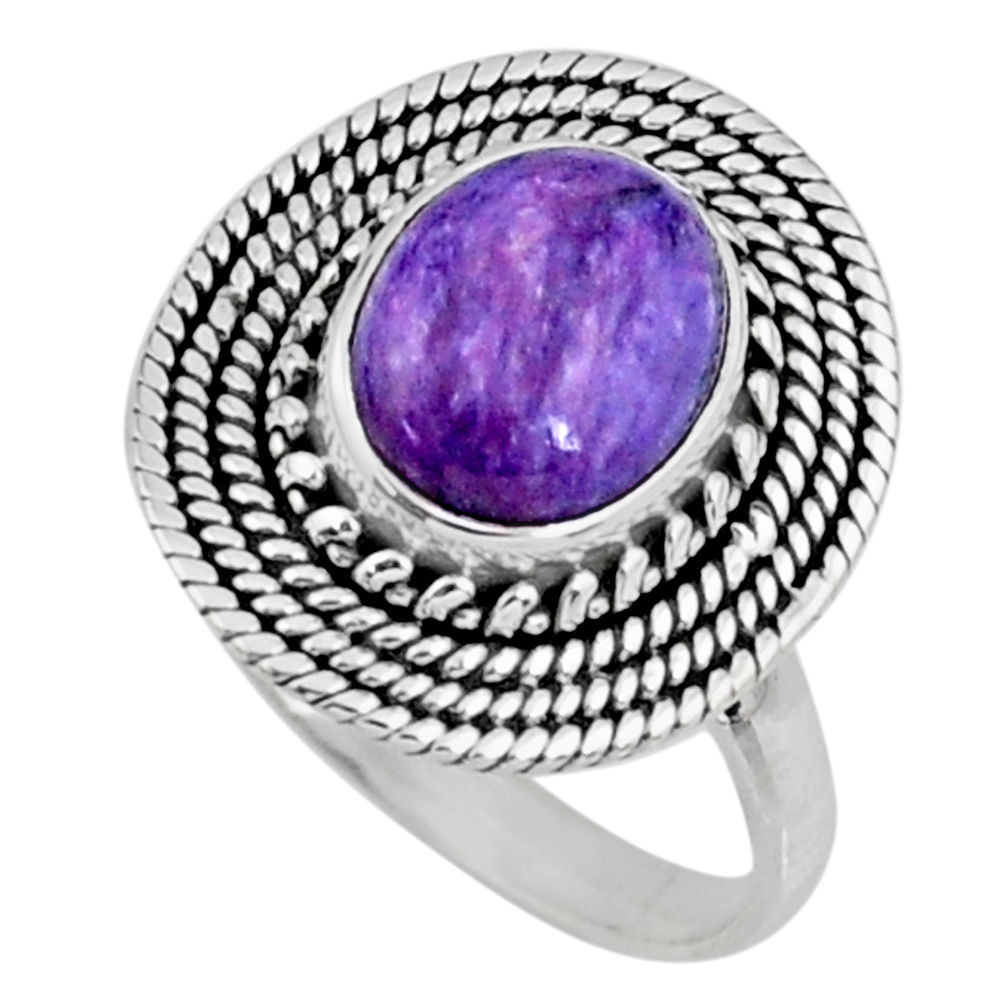 925 silver 4.38cts natural purple charoite oval solitaire ring size 9 r57513