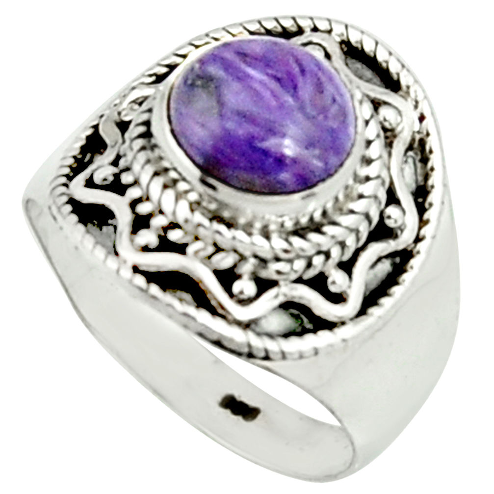 925 silver 3.02cts natural purple charoite round solitaire ring size 7 r22044