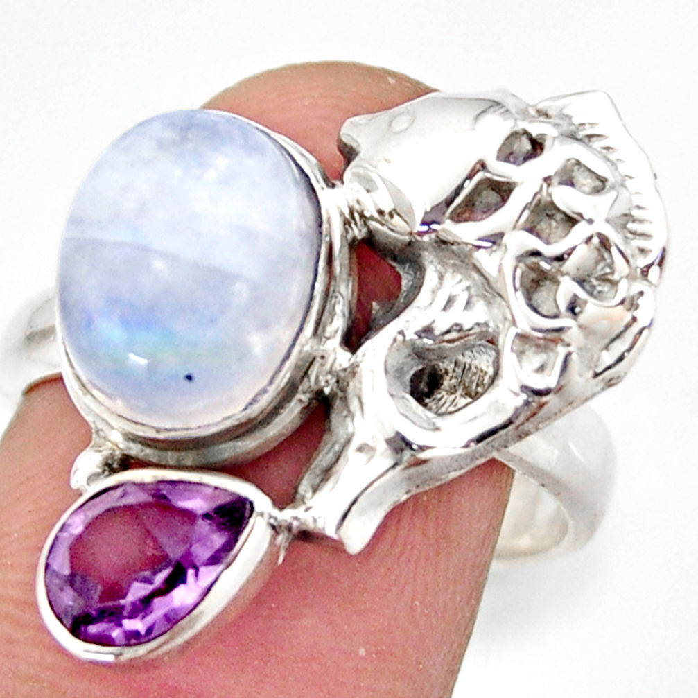 925 silver 6.08cts natural rainbow moonstone amethyst fish ring size 8 d46098