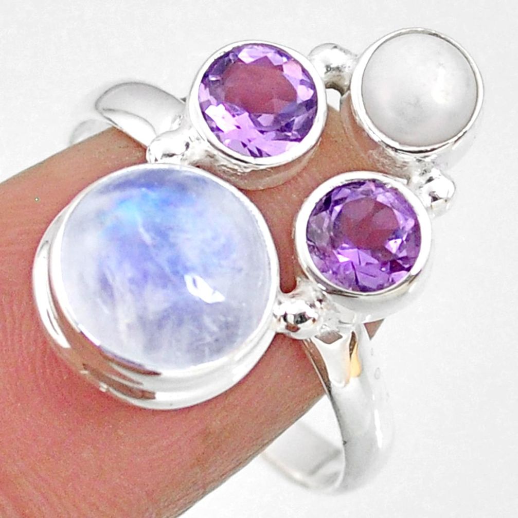 925 silver 8.51cts natural rainbow moonstone amethyst pearl ring size 9.5 r63976