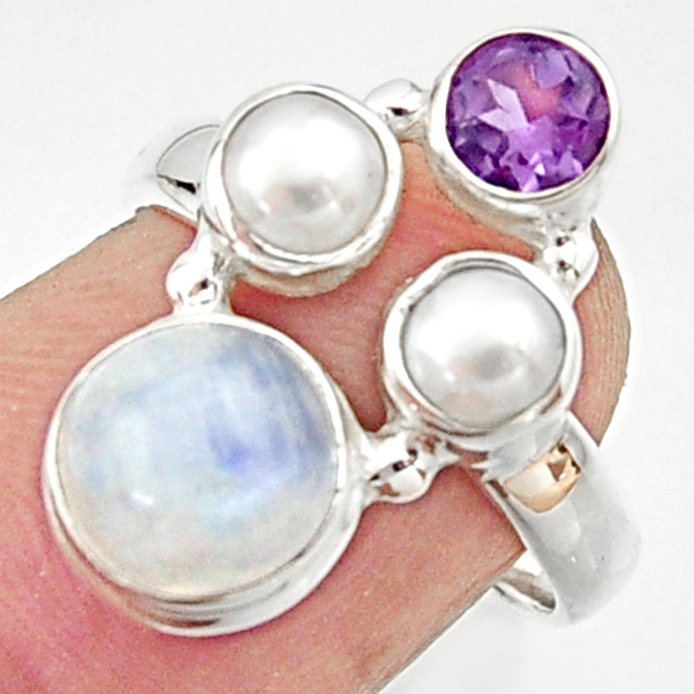 925 silver 5.52cts natural rainbow moonstone amethyst pearl ring size 7 r22974