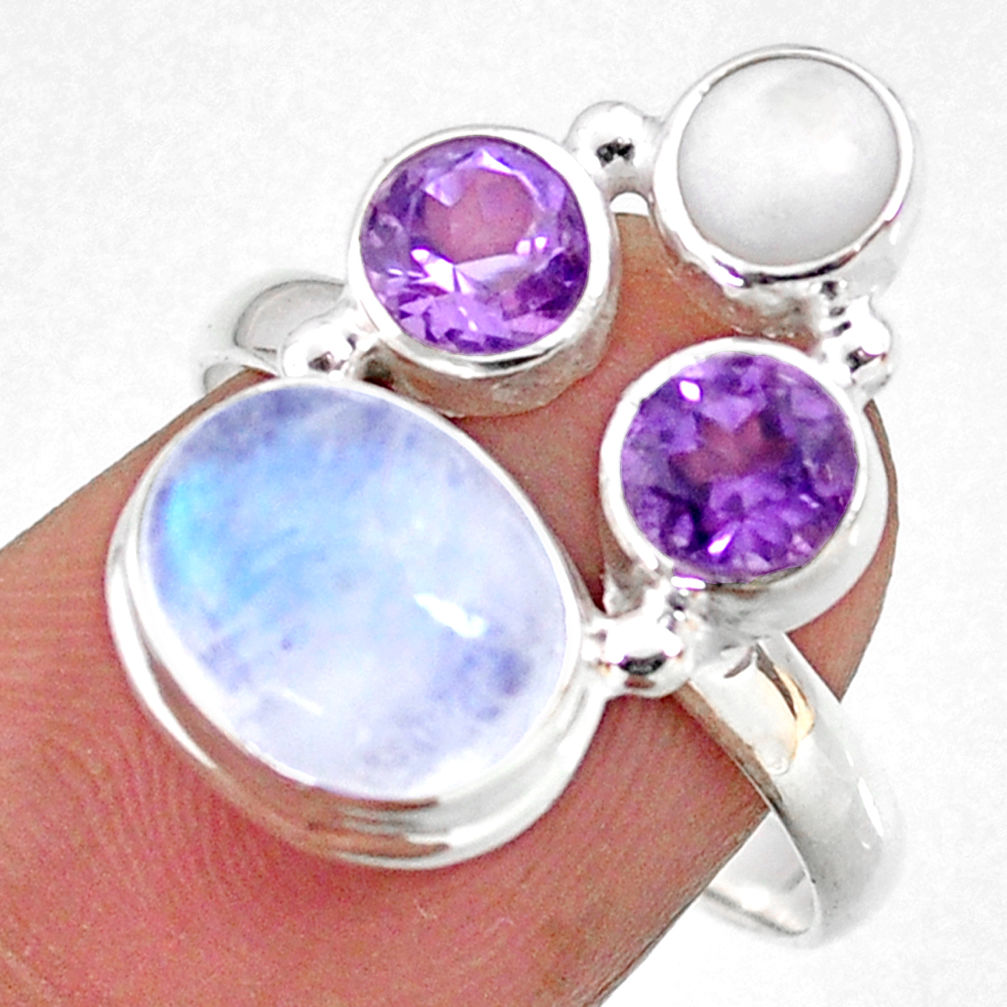 925 silver 7.65cts natural rainbow moonstone amethyst pearl ring size 8 r63913