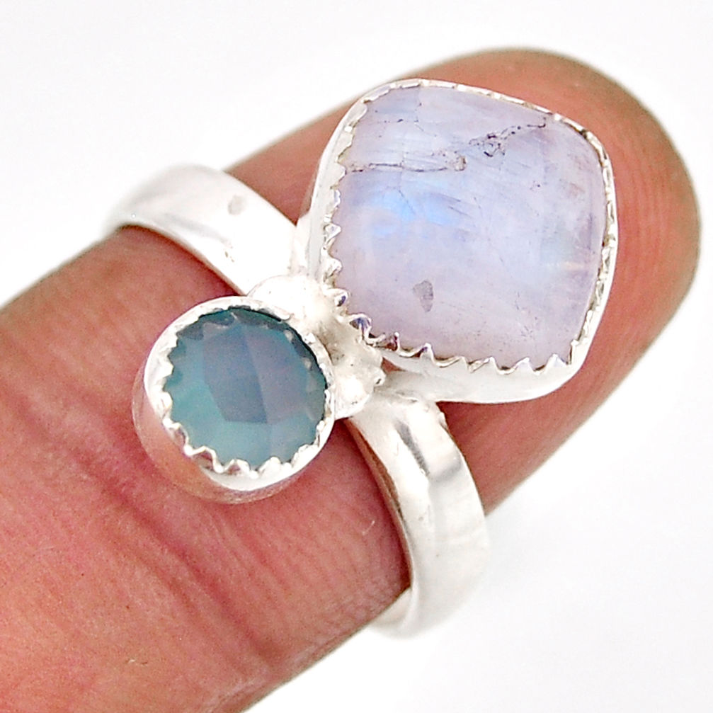 925 silver 5.80cts natural rainbow moonstone blue chalcedony ring size 7 y96814