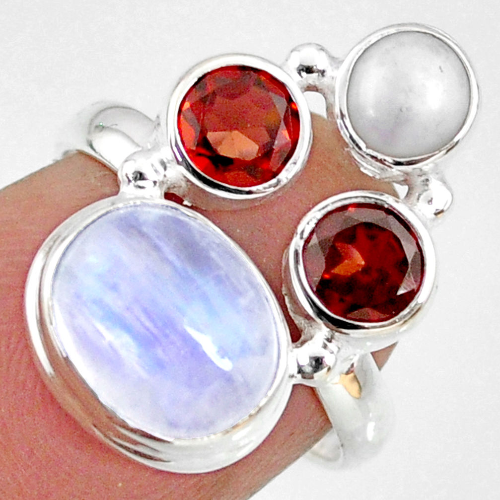 925 silver 8.51cts natural rainbow moonstone garnet pearl ring size 6 r63934