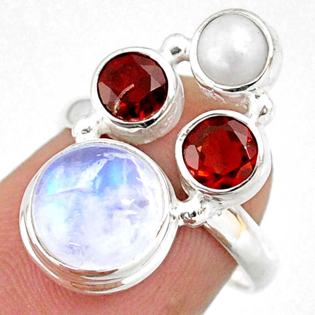 925 silver 8.06cts natural rainbow moonstone garnet pearl ring size 6 r63979