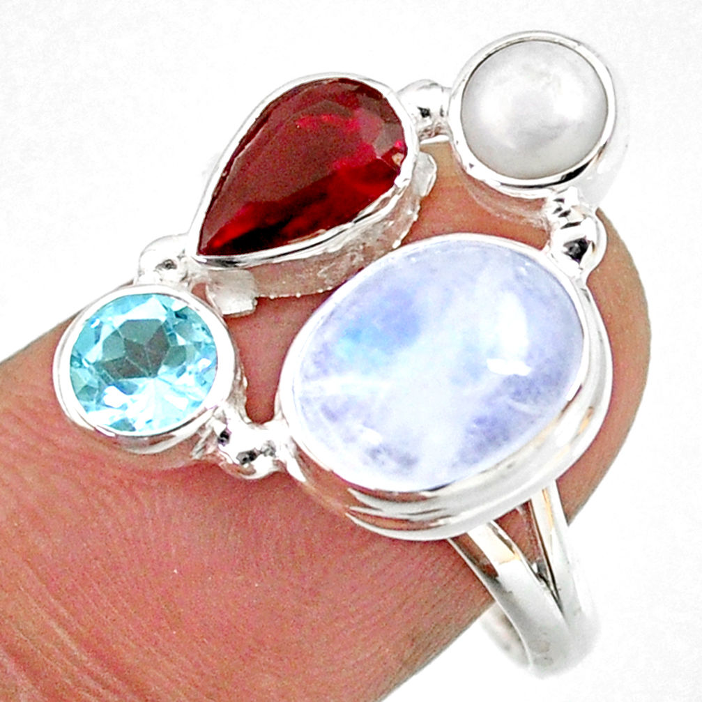 925 silver 9.61cts natural rainbow moonstone garnet pearl ring size 9 r63958