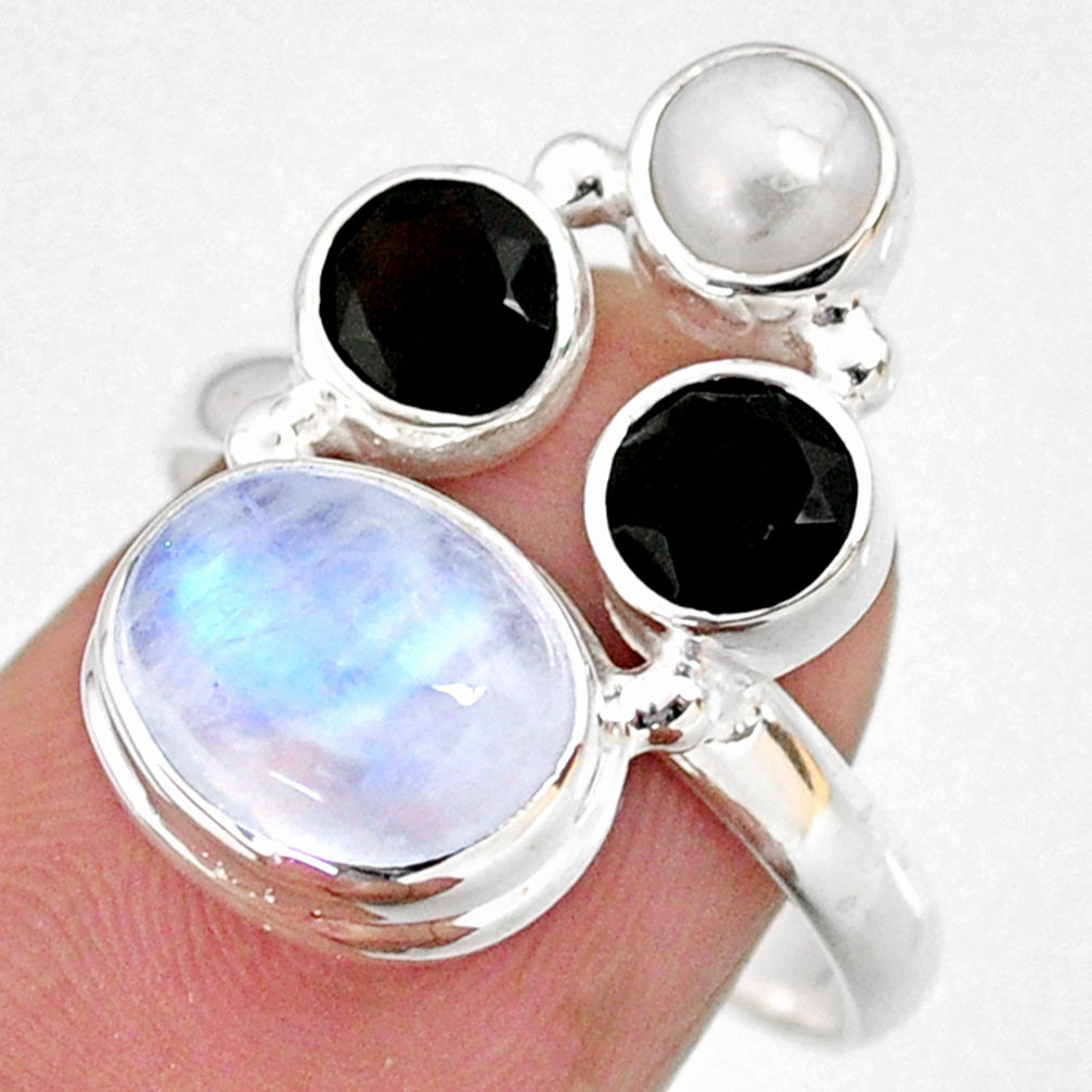 925 silver 8.06cts natural rainbow moonstone onyx pearl ring size 8 r63970