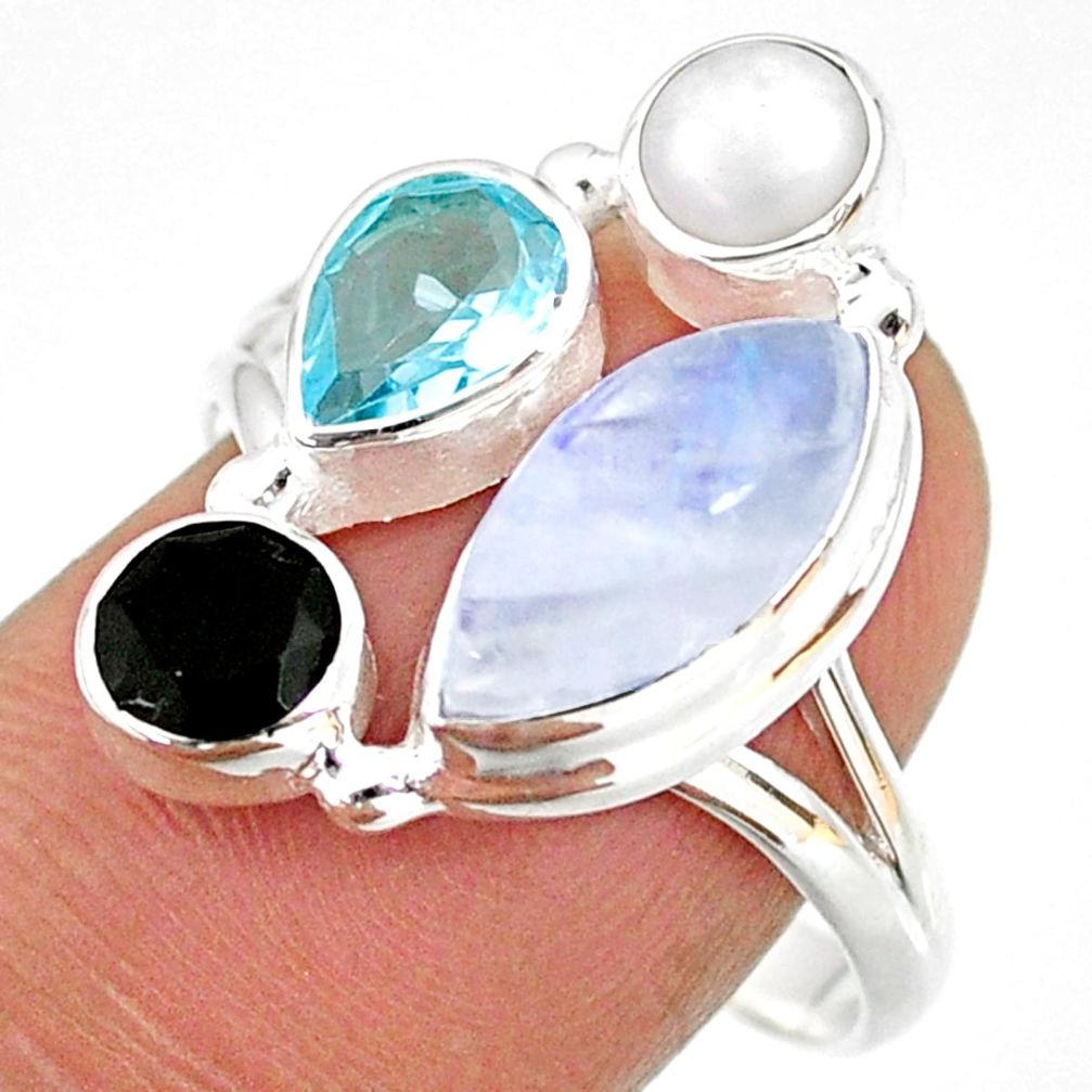 925 silver 10.02cts natural rainbow moonstone onyx pearl ring size 9 r63955