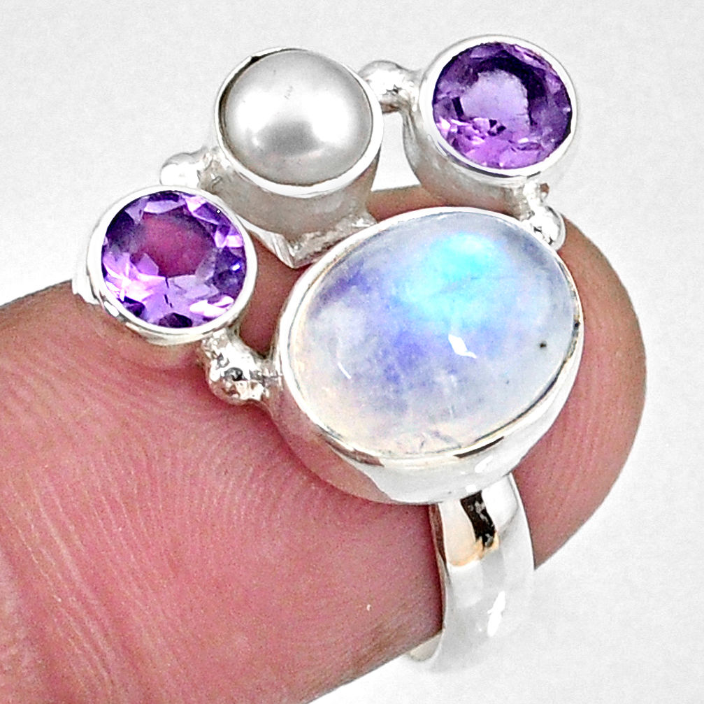 925 silver 7.79cts natural rainbow moonstone oval amethyst ring size 6 r58420