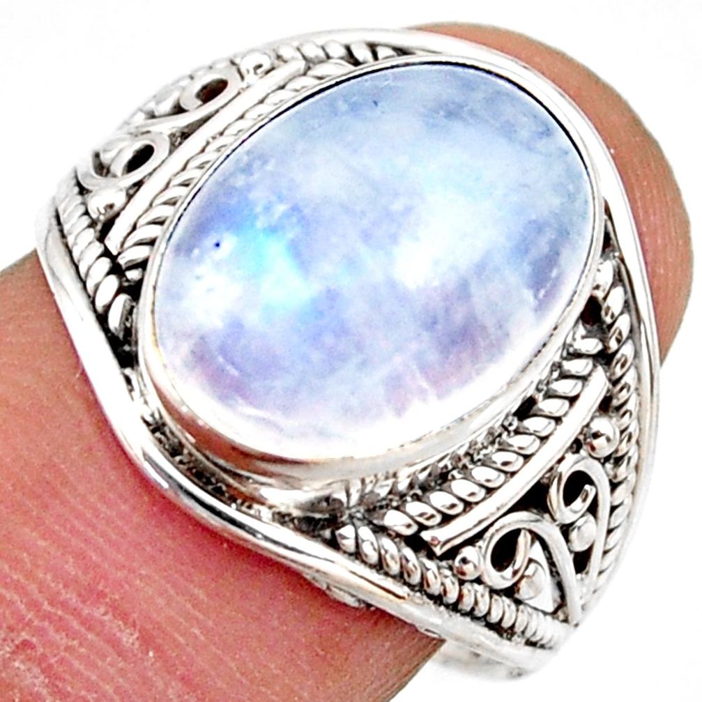 925 silver 6.35cts natural rainbow moonstone oval solitaire ring size 8 r35480