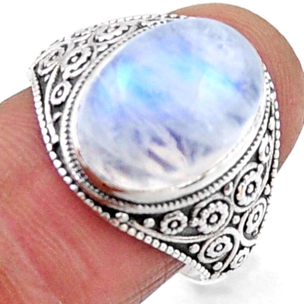 925 silver 6.31cts natural rainbow moonstone oval solitaire ring size 8 r54639