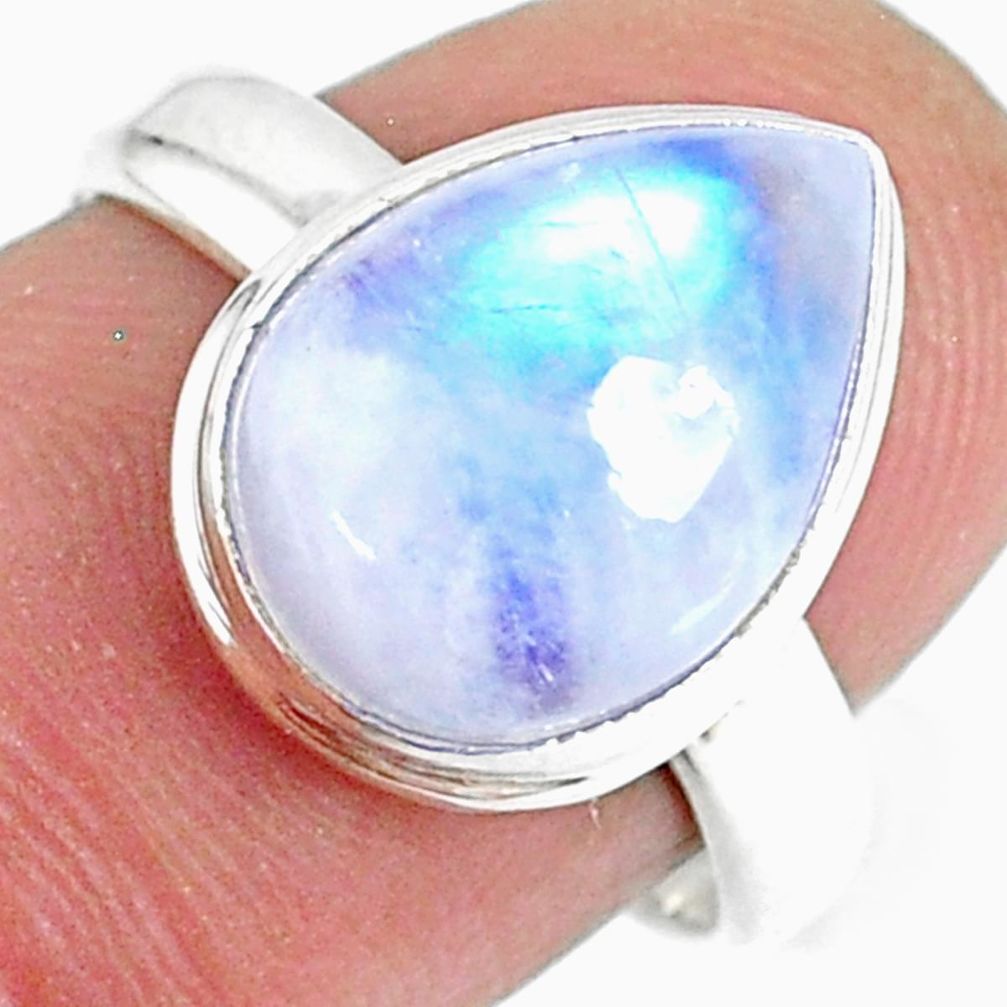 6.19cts natural rainbow moonstone pear solitaire handmade ring size 7.5 r74064