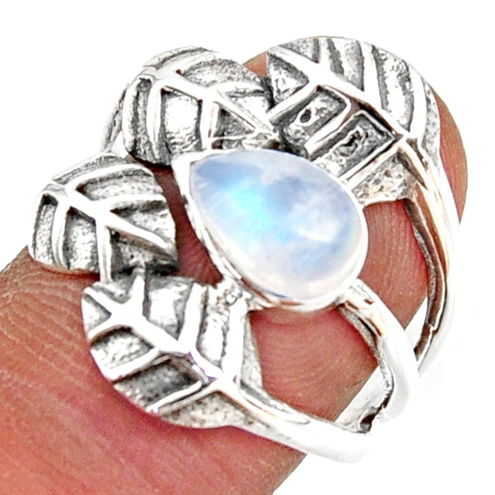 925 silver 2.52cts natural rainbow moonstone solitaire leaf ring size 8 r37057