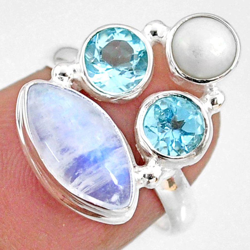 925 silver 8.07cts natural rainbow moonstone topaz pearl ring size 6.5 r63931