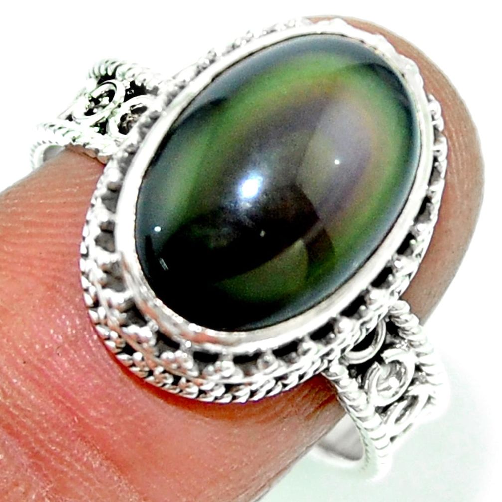 925 silver 7.02cts natural rainbow obsidian eye solitaire ring size 8.5 r53658