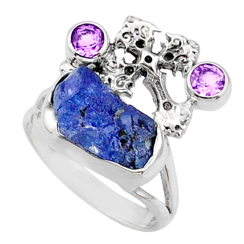 925 silver 8.54cts natural raw tanzanite holy cross ring size 7.5 r66984