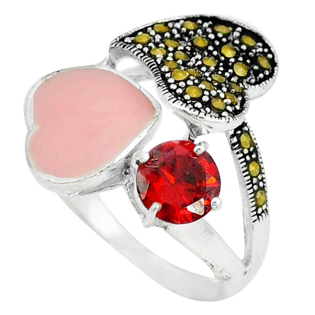 LAB 925 silver natural red garnet marcasite enamel ring jewelry size 8.5 c18277