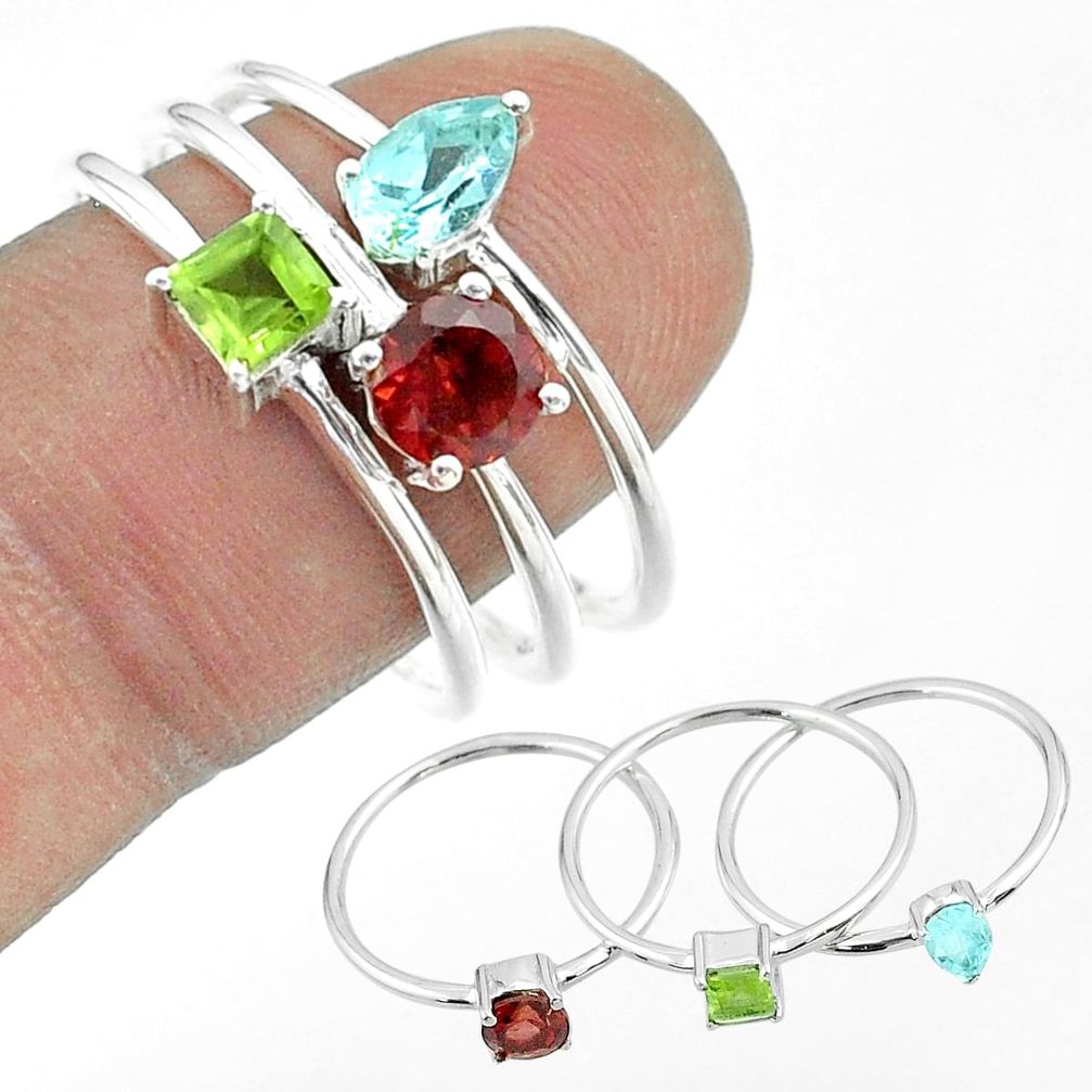 925 silver 3.14cts natural red garnet peridot blue topaz 3 rings size 9 t51480