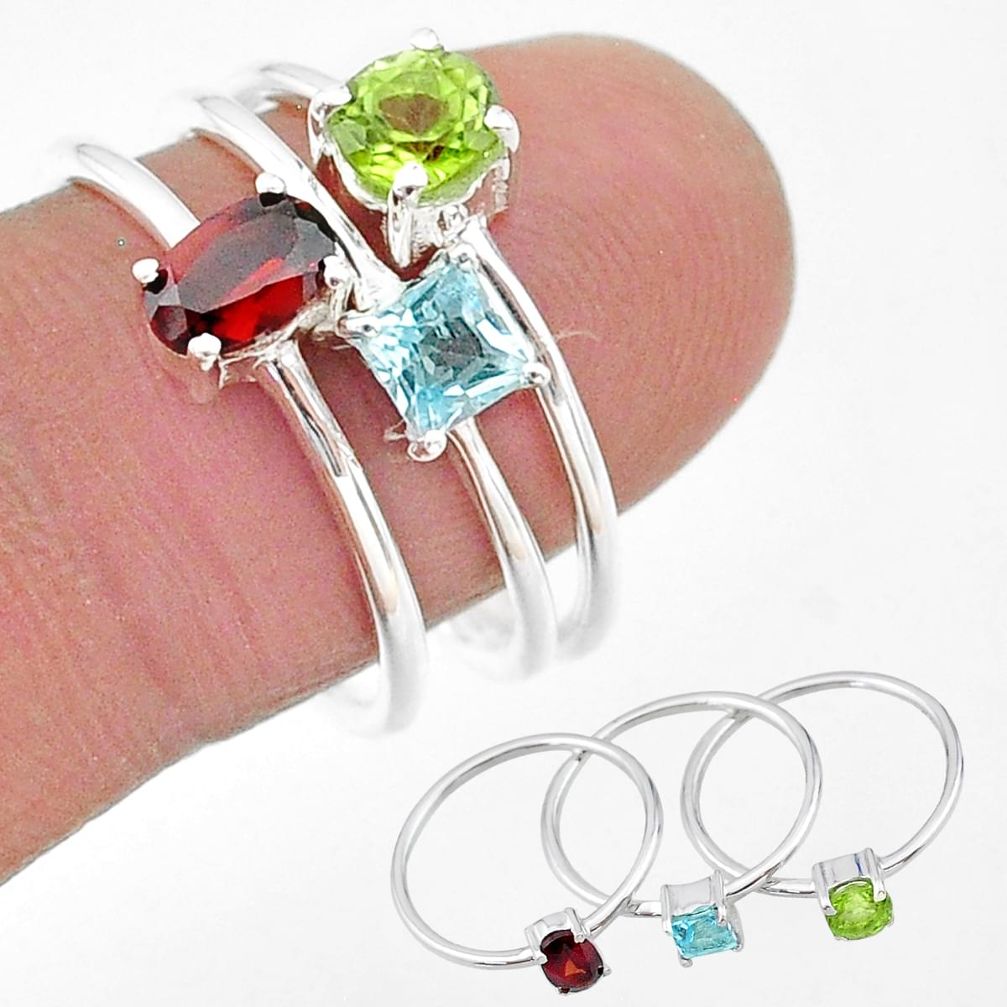 925 silver 3.13cts natural red garnet peridot topaz 3 rings size 8 t17739