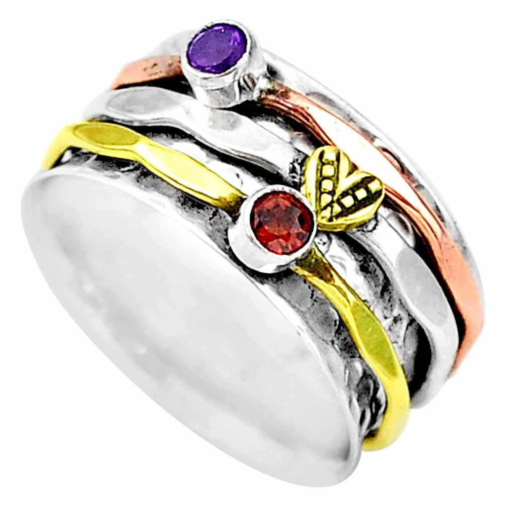 925 silver 0.75cts natural red garnet two tone spinner ring size 8.5 t12719